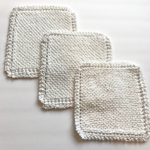 Knit Washcloths Dishcloths Handmade set of (3) NEW - WHITE - Picture 1 of 2
